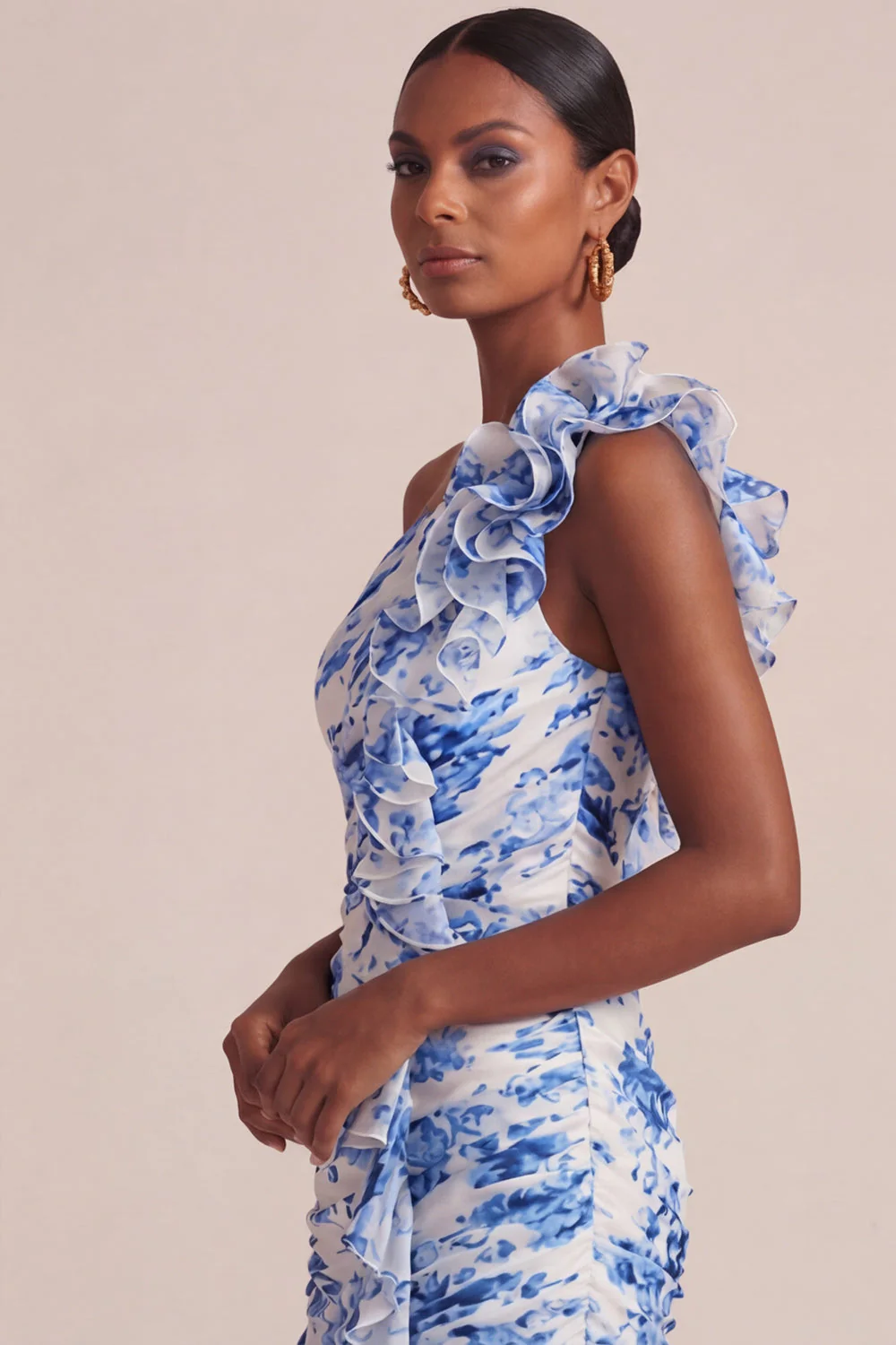 Blue A Line One Shoulder Printed Long Floral Dress with Ruffles - Image 5