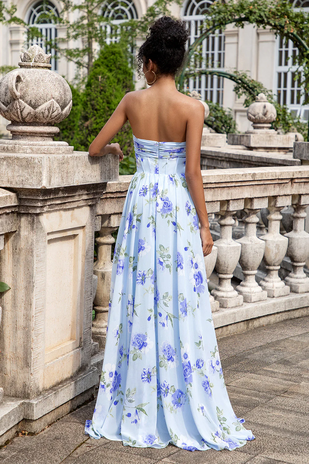 Blue Floral A Line Sweetheart Strapless Print Pleated Long Wedding Guest Dress - Image 2