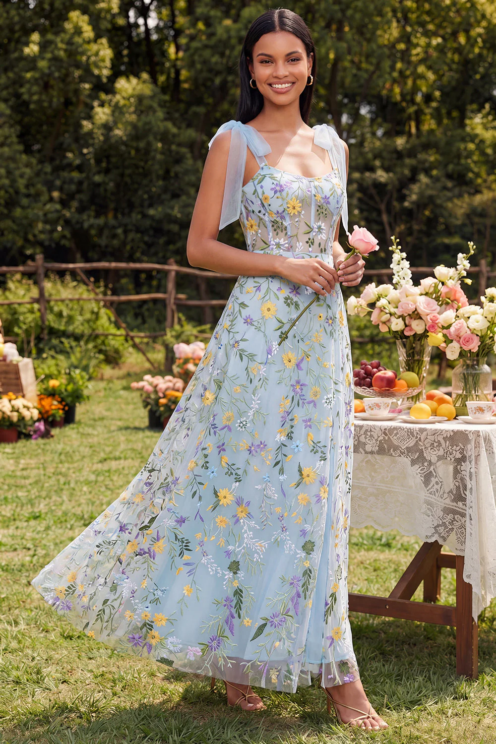 Blue Sheer Corset A Line Bowed Straps Maxi Floral Dress with Slit