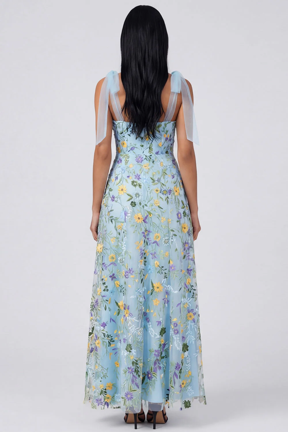 Blue Sheer Corset A Line Bowed Straps Maxi Floral Dress with Slit - Image 2