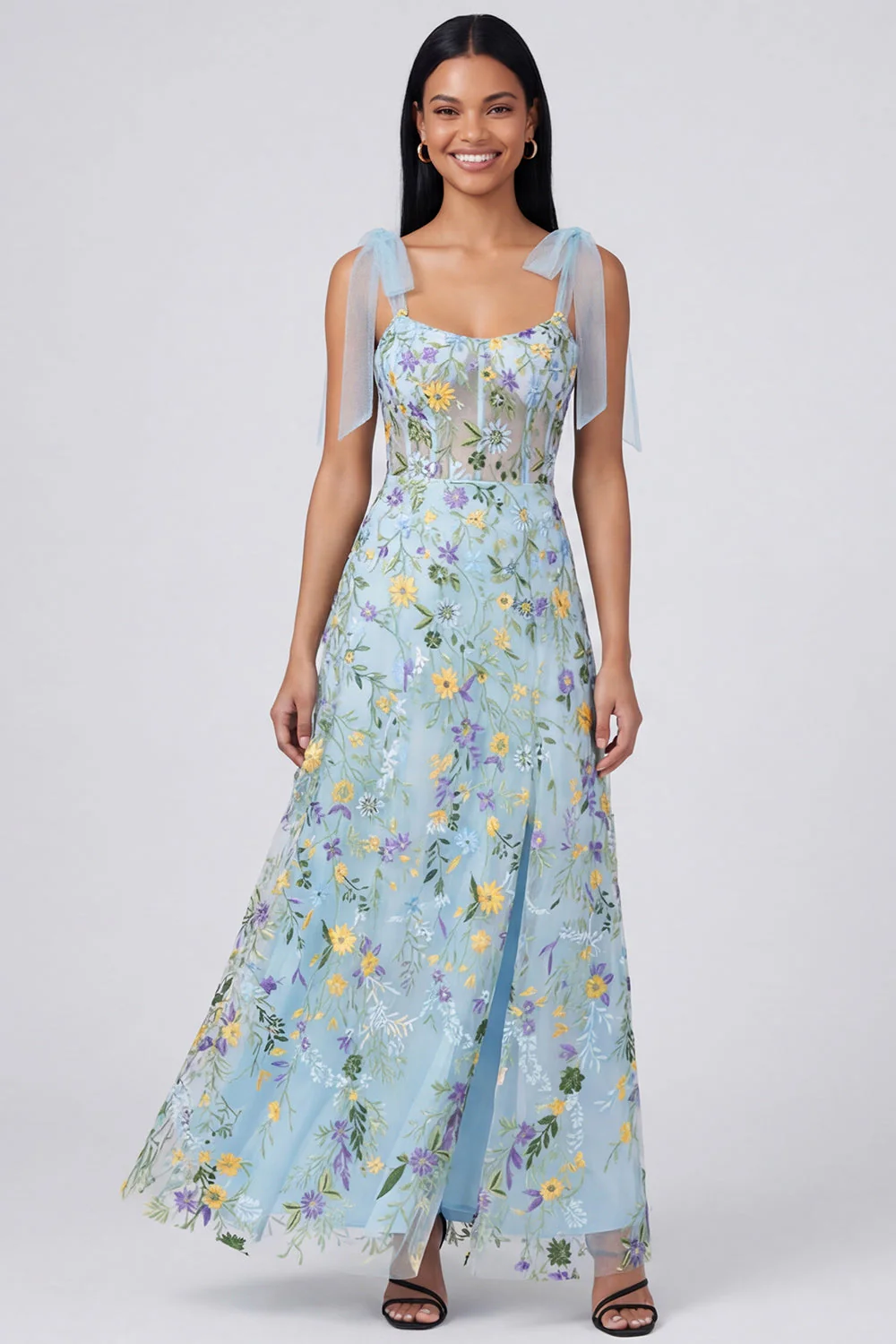 Blue Sheer Corset A Line Bowed Straps Maxi Floral Dress with Slit - Image 3