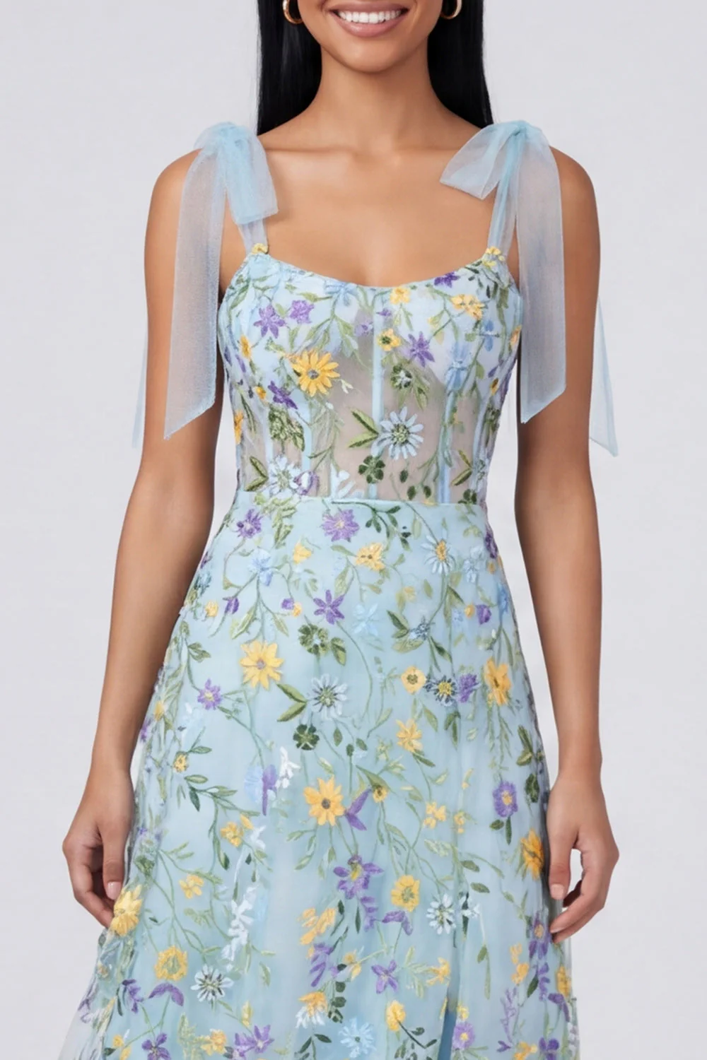 Blue Sheer Corset A Line Bowed Straps Maxi Floral Dress with Slit - Image 4