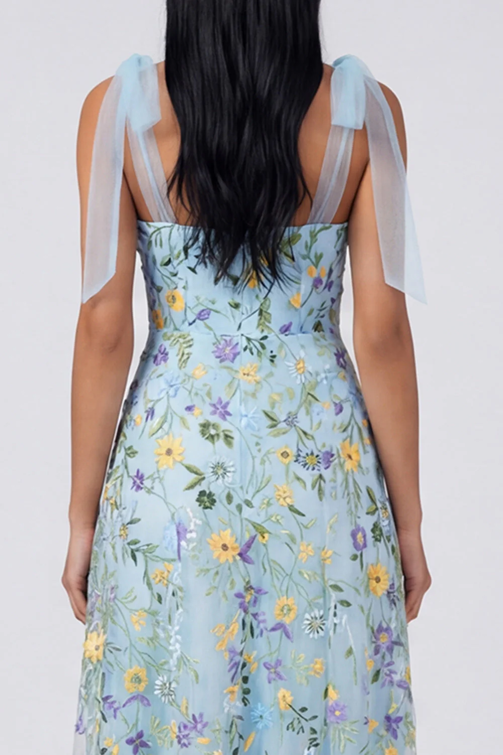 Blue Sheer Corset A Line Bowed Straps Maxi Floral Dress with Slit - Image 5