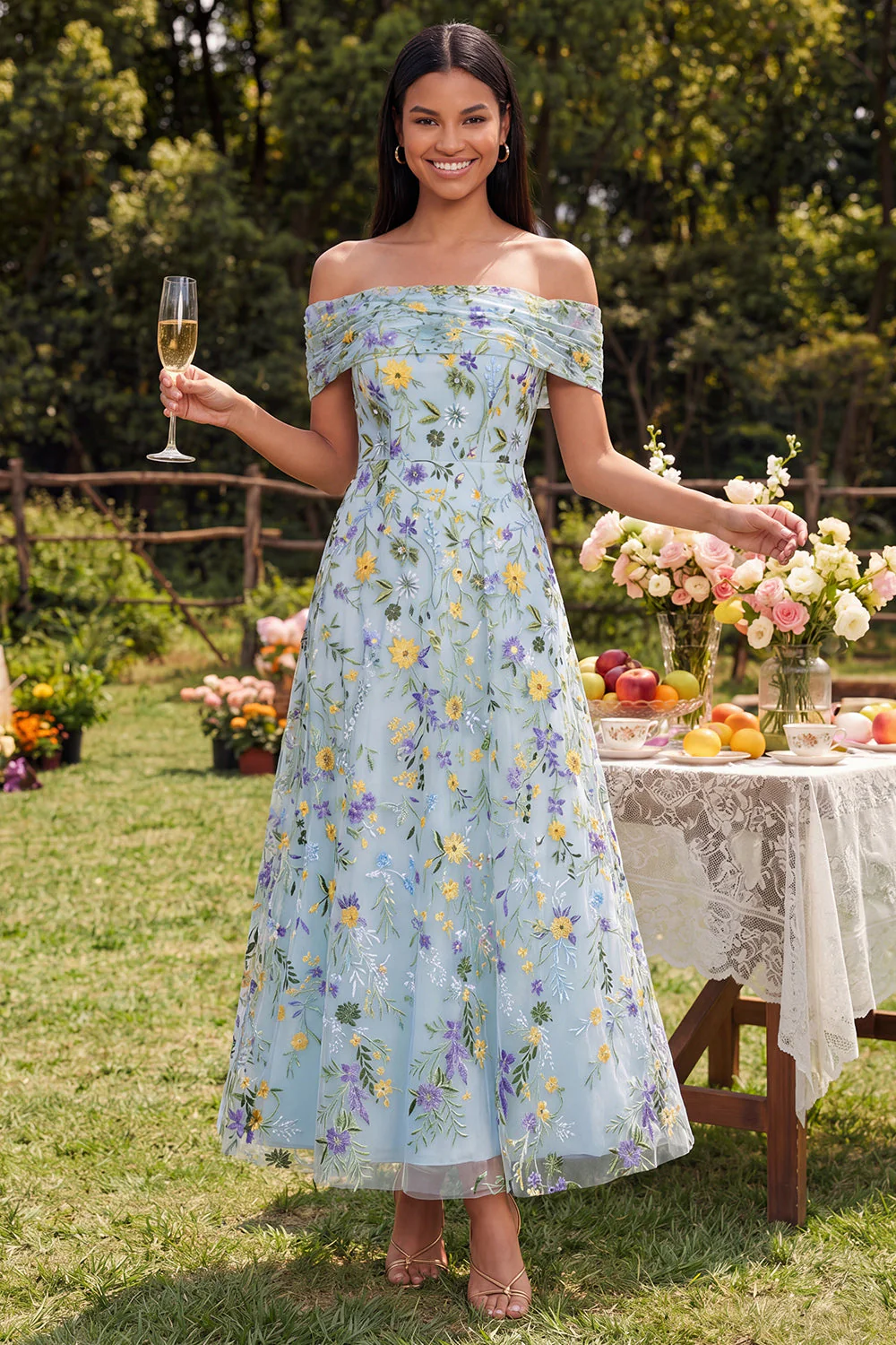 Off The Shoulder Blue A Line Maxi Floral Dress with Embroidery