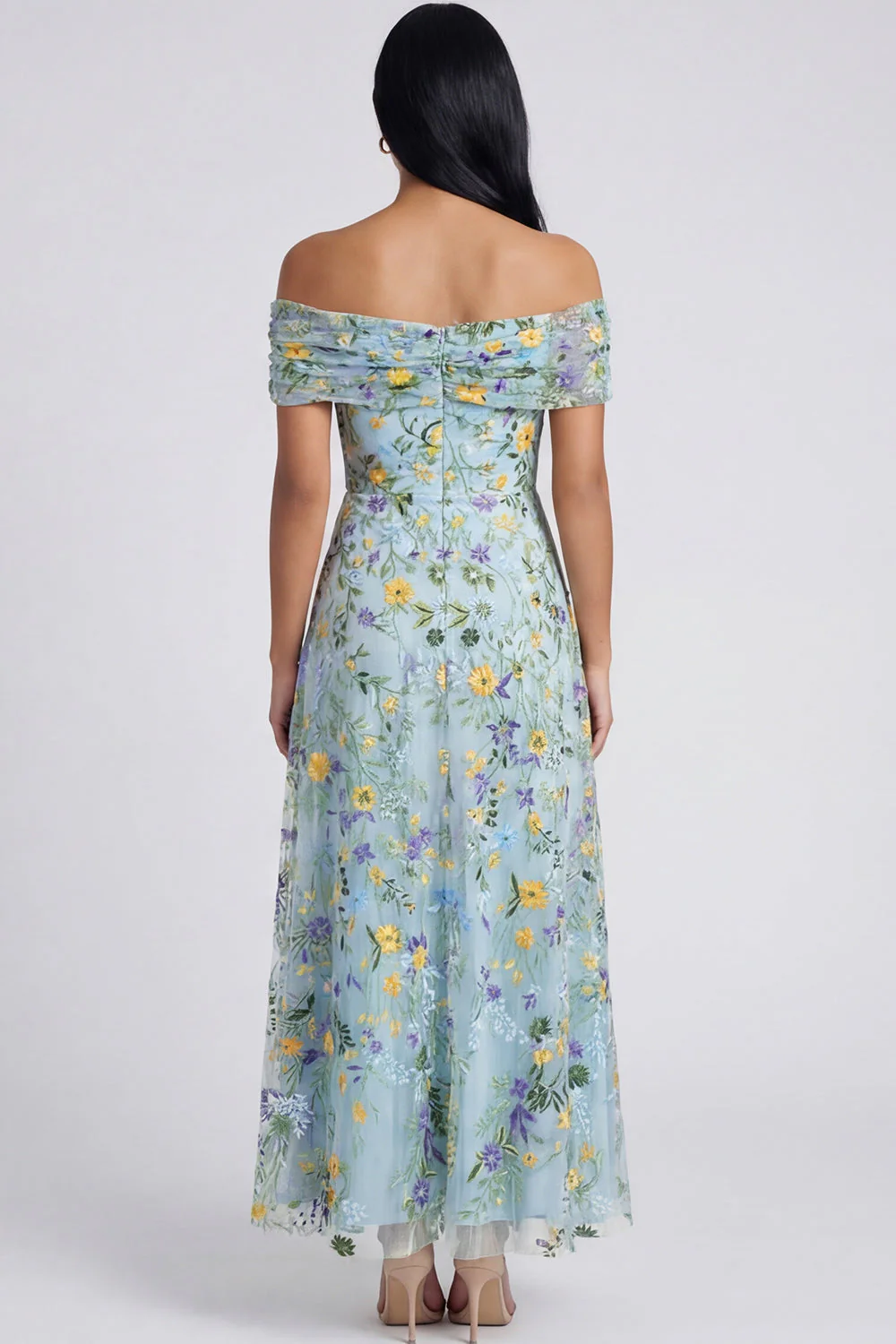 Off The Shoulder Blue A Line Maxi Floral Dress with Embroidery - Image 2