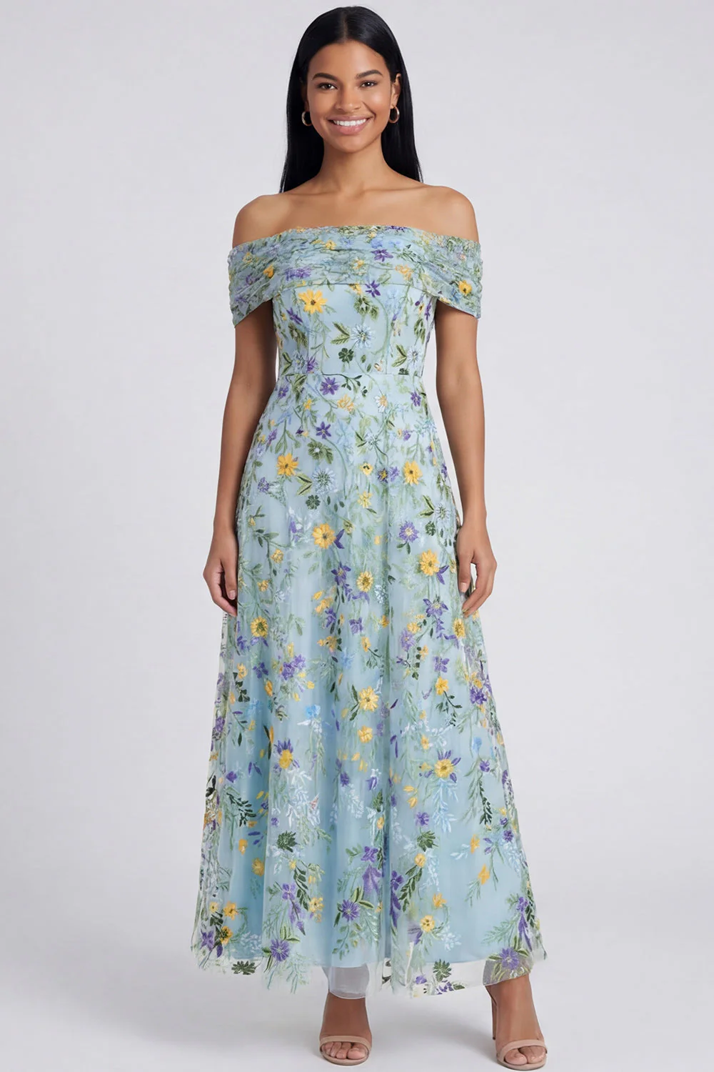 Off The Shoulder Blue A Line Maxi Floral Dress with Embroidery - Image 3
