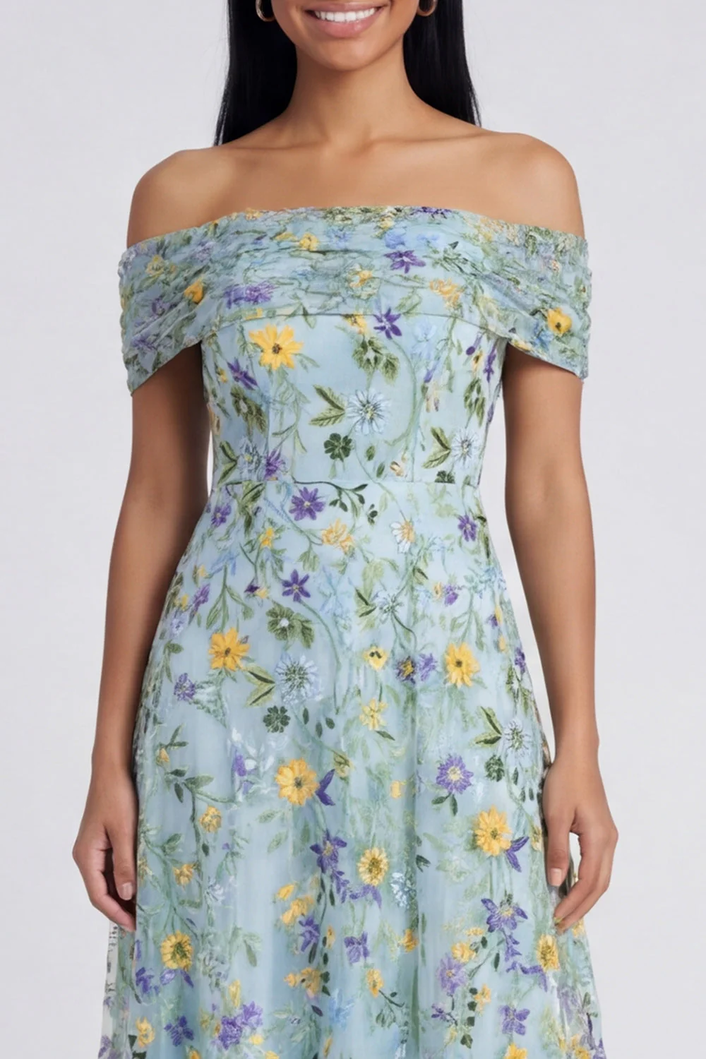 Off The Shoulder Blue A Line Maxi Floral Dress with Embroidery - Image 4