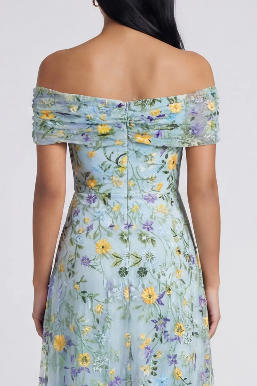 Off The Shoulder Blue A Line Maxi Floral Dress with Embroidery - Image 5
