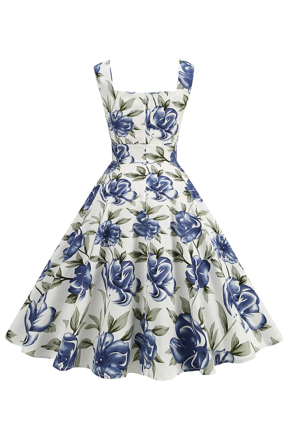 Blue Floral Print Square Neck 1950s Vintage Dress - Image 2