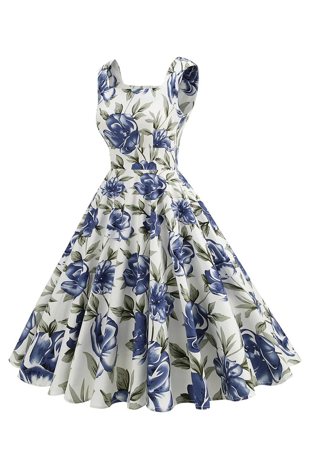 Blue Floral Print Square Neck 1950s Vintage Dress - Image 3