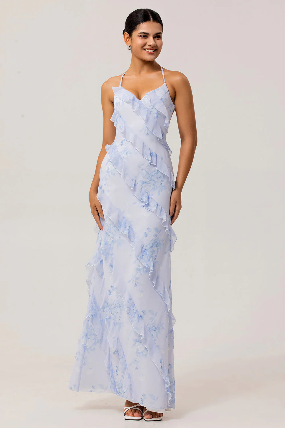Blue Floral Ruffled Sheath Printed Wedding Guest Dress