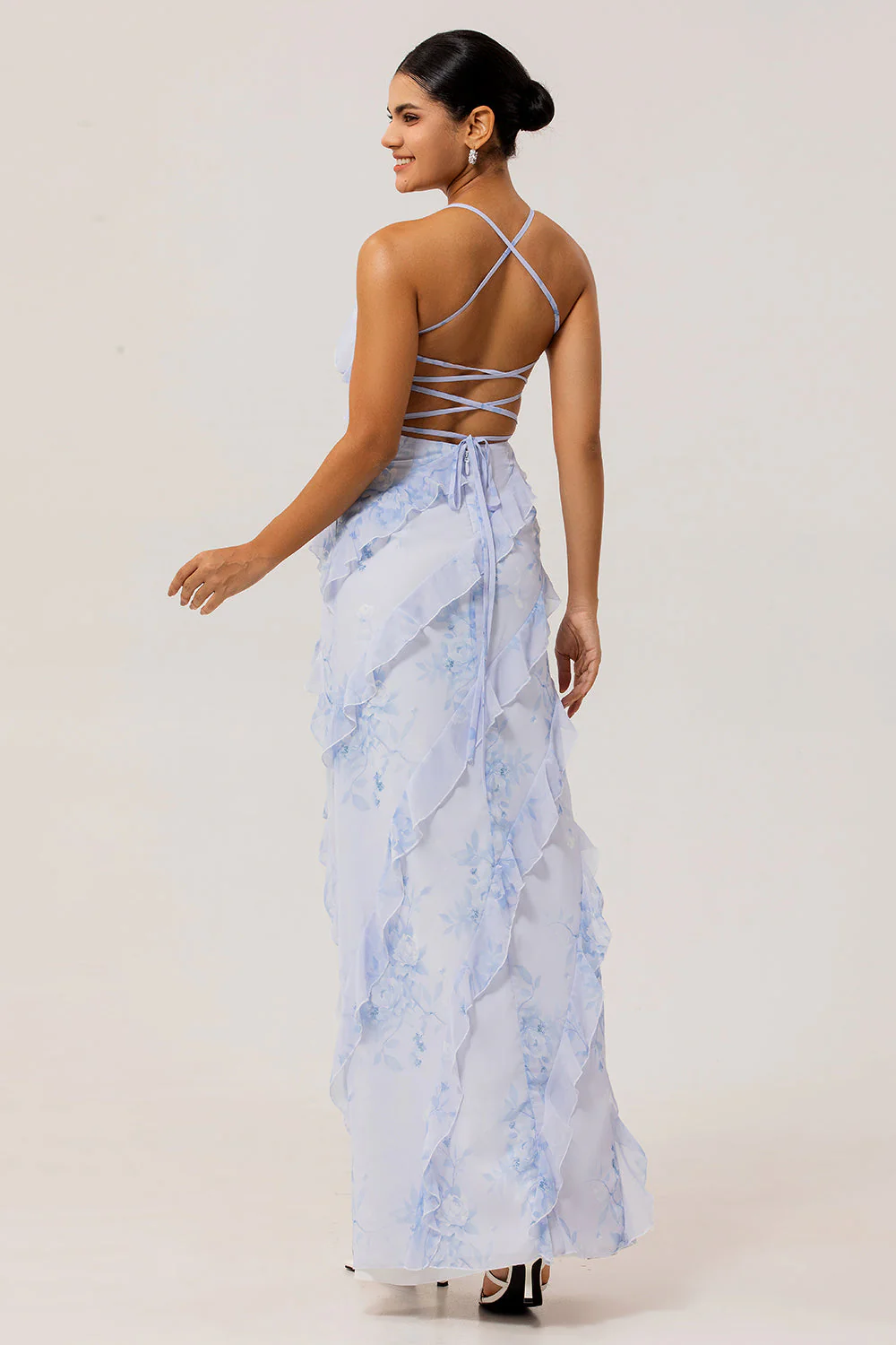 Blue Floral Ruffled Sheath Printed Wedding Guest Dress - Image 2