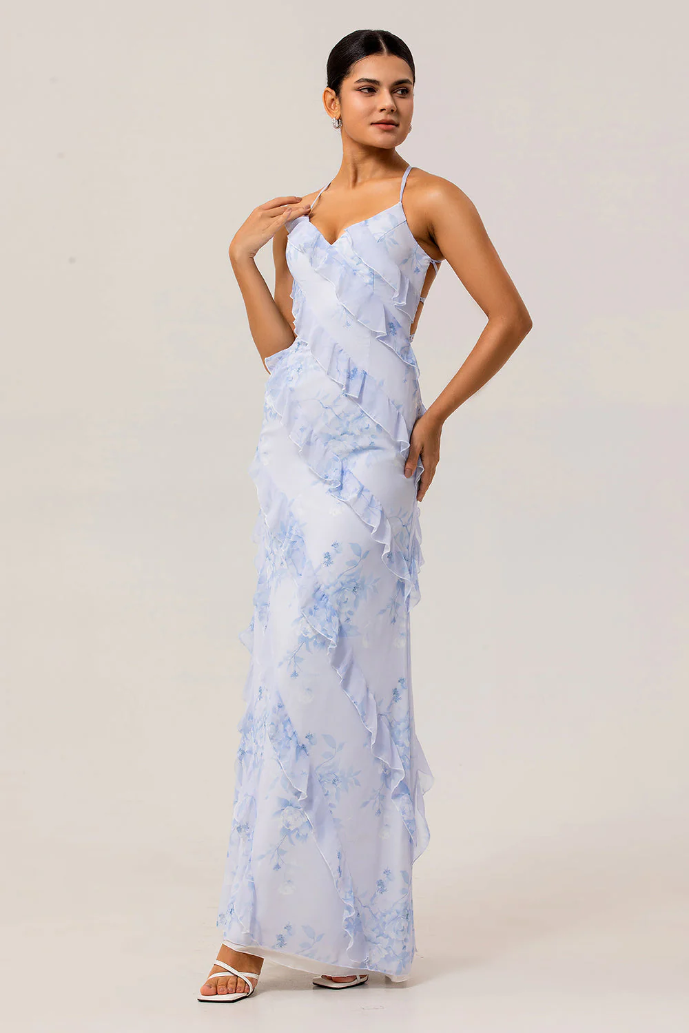 Blue Floral Ruffled Sheath Printed Wedding Guest Dress - Image 3