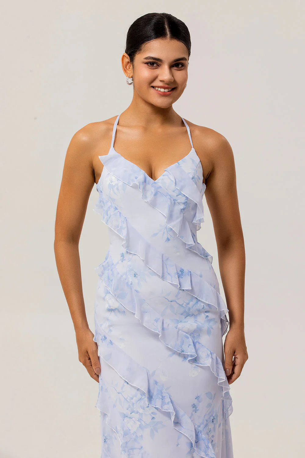 Blue Floral Ruffled Sheath Printed Wedding Guest Dress - Image 4