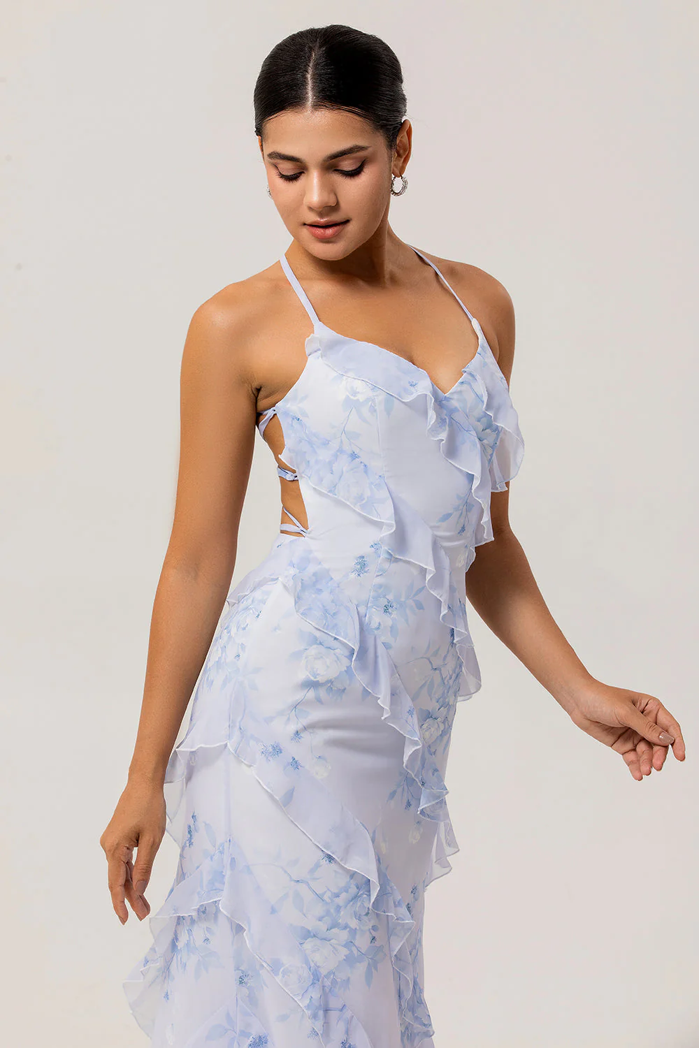 Blue Floral Ruffled Sheath Printed Wedding Guest Dress - Image 5