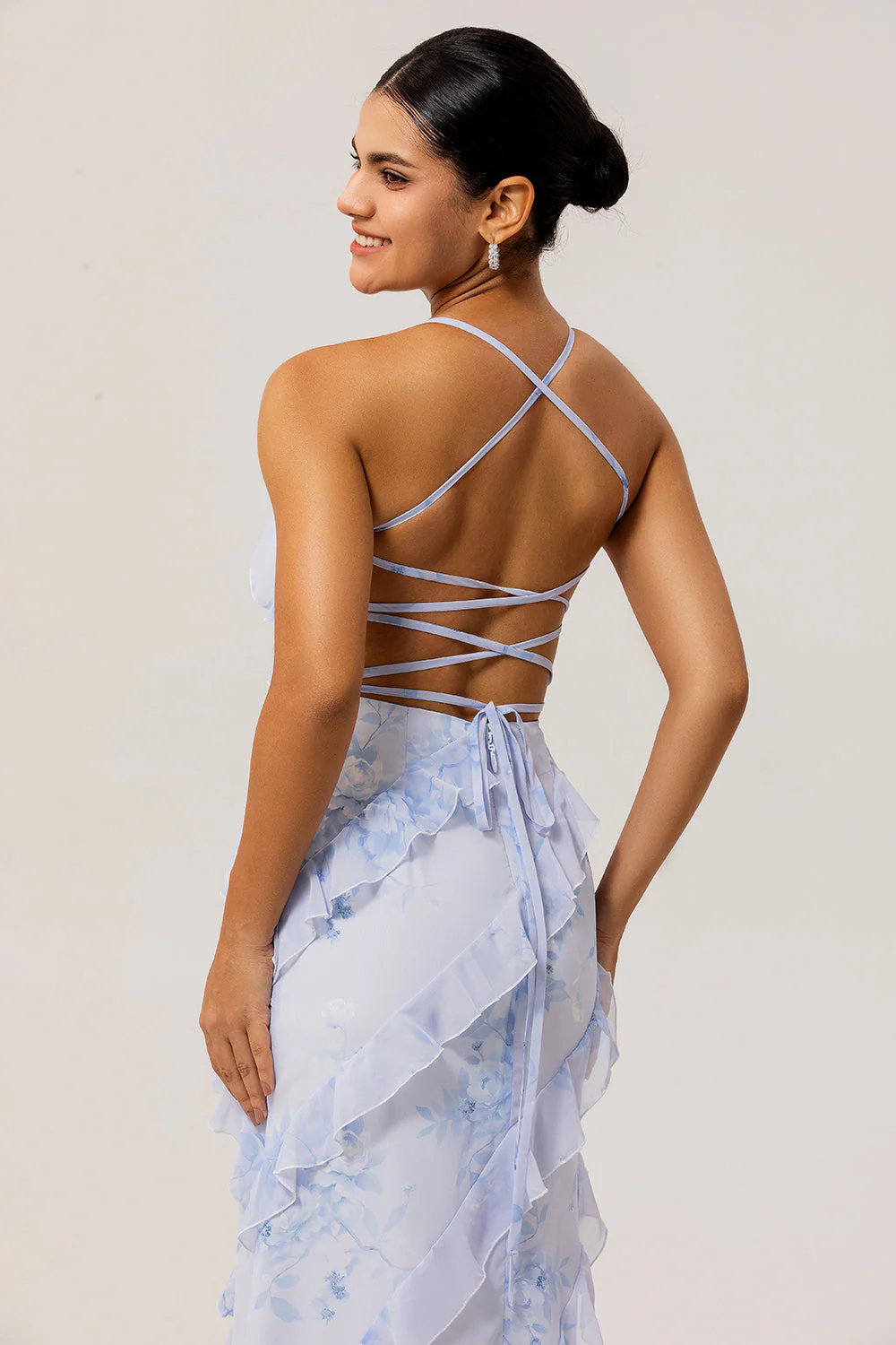 Blue Floral Ruffled Sheath Printed Wedding Guest Dress - Image 6
