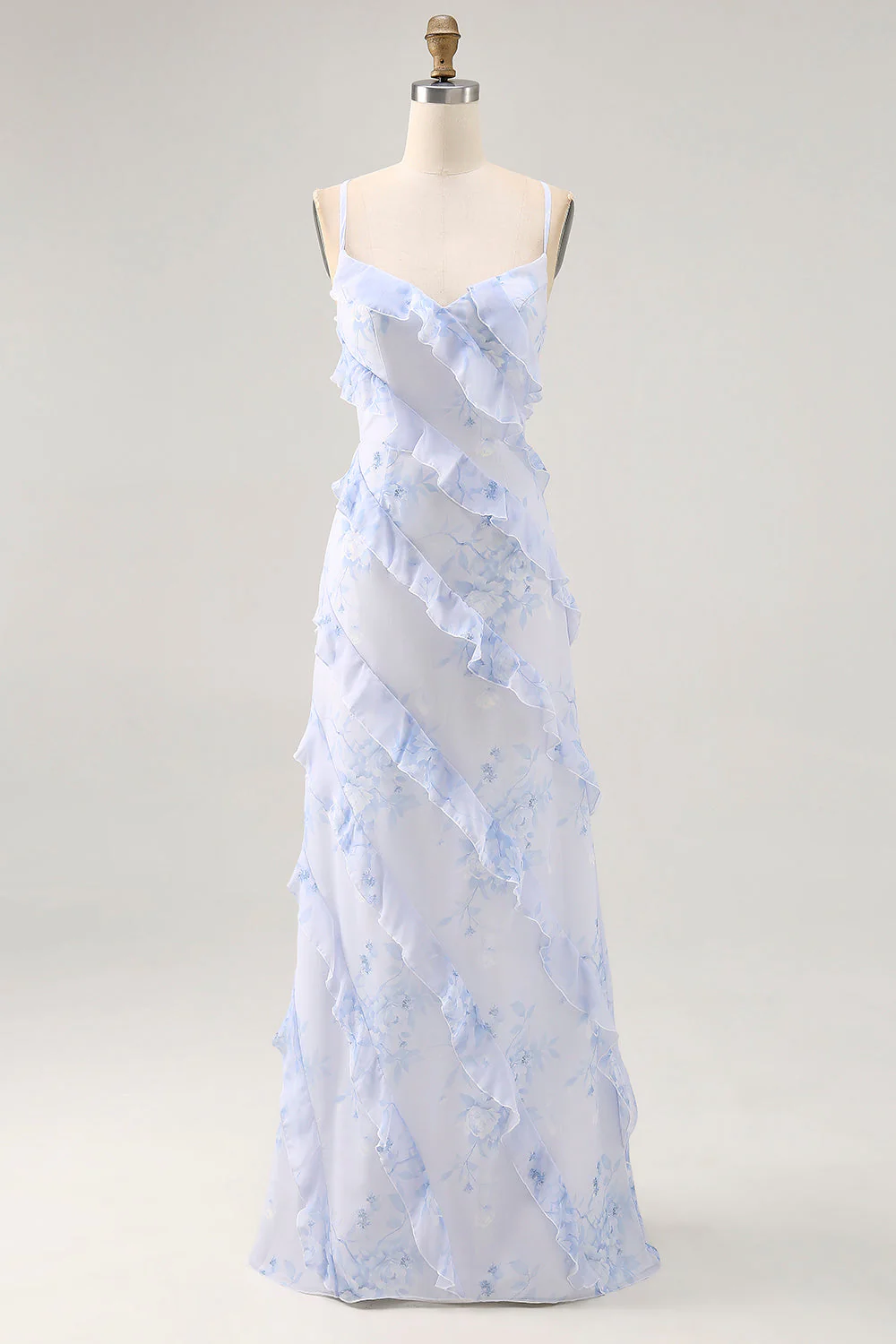 Blue Floral Ruffled Sheath Printed Wedding Guest Dress - Image 7