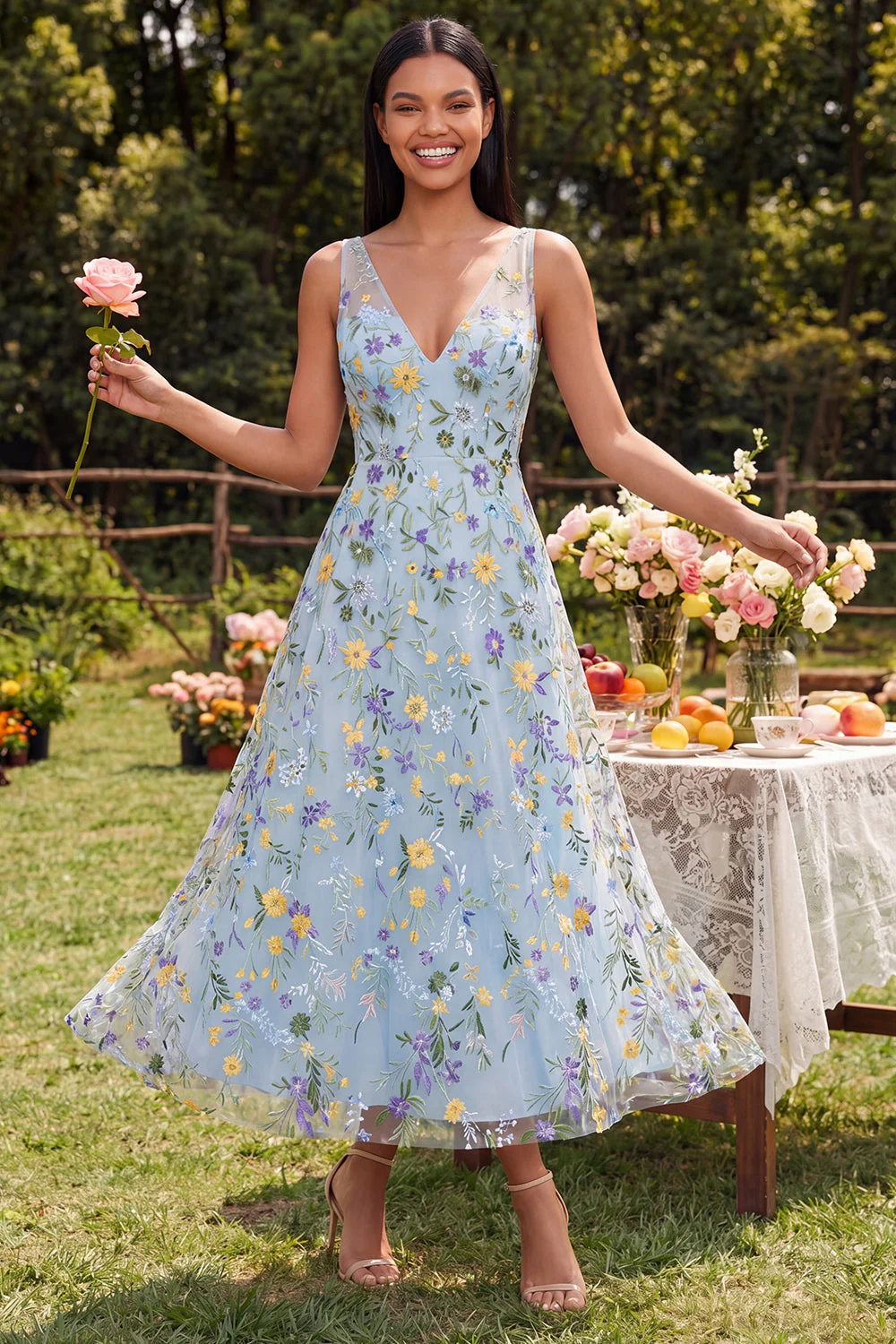 Blue Embroidered V Neck A Line Maxi Floral Dress