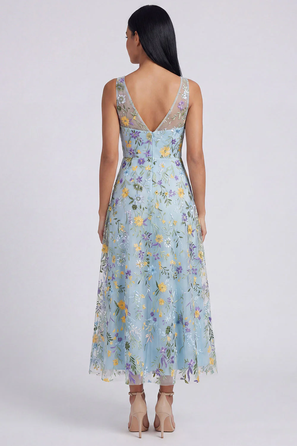 Blue Embroidered V Neck A Line Maxi Floral Dress - Image 2