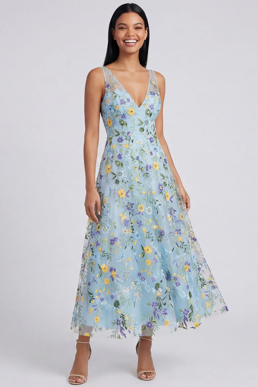 Blue Embroidered V Neck A Line Maxi Floral Dress - Image 3