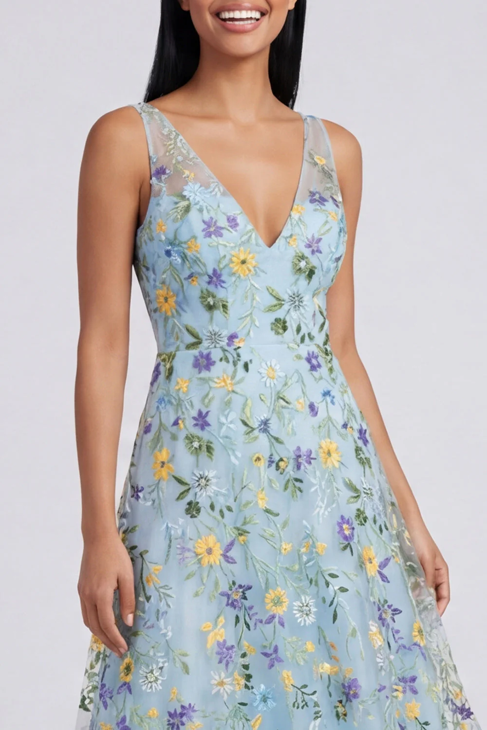 Blue Embroidered V Neck A Line Maxi Floral Dress - Image 4
