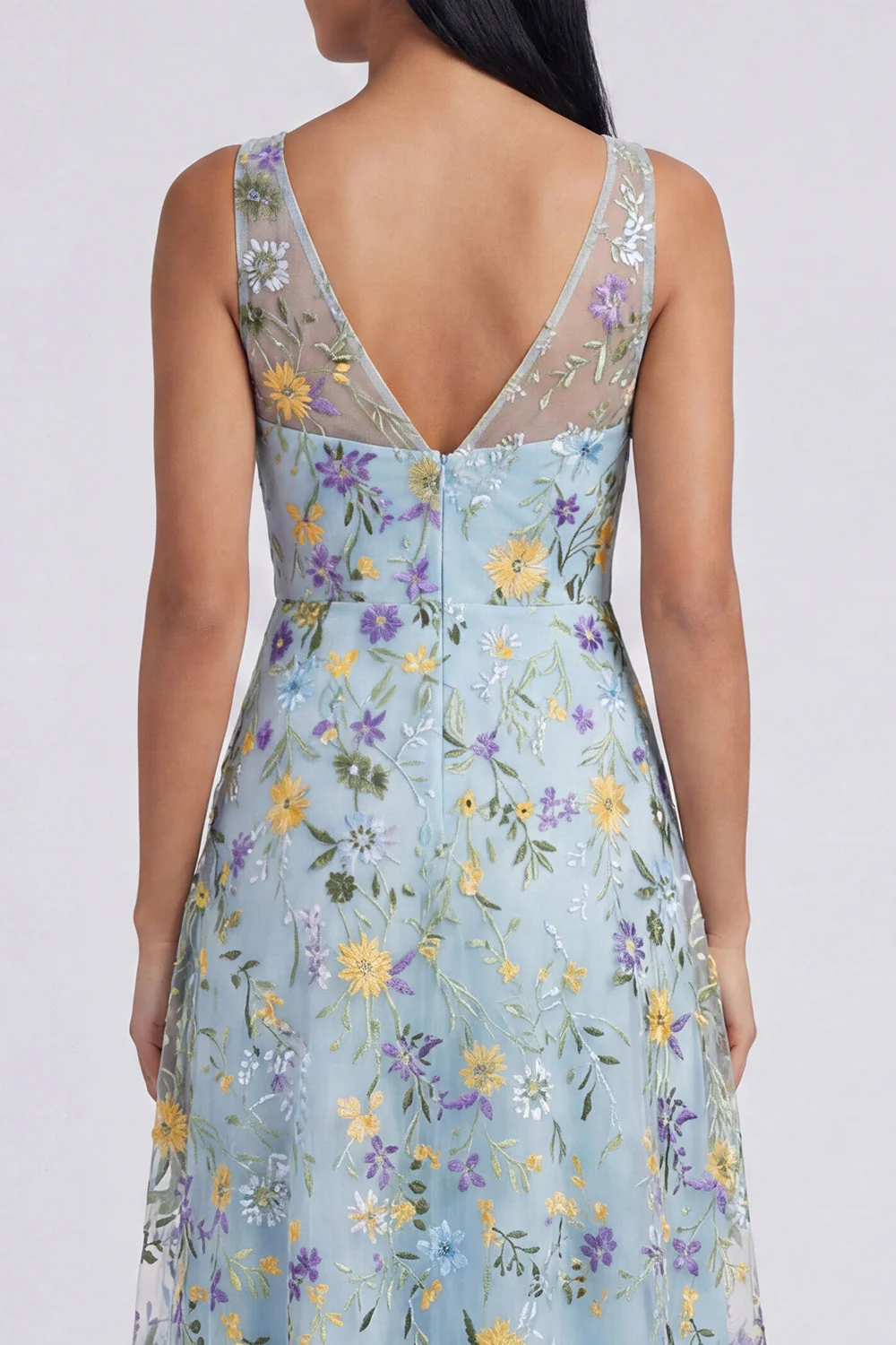 Blue Embroidered V Neck A Line Maxi Floral Dress - Image 5