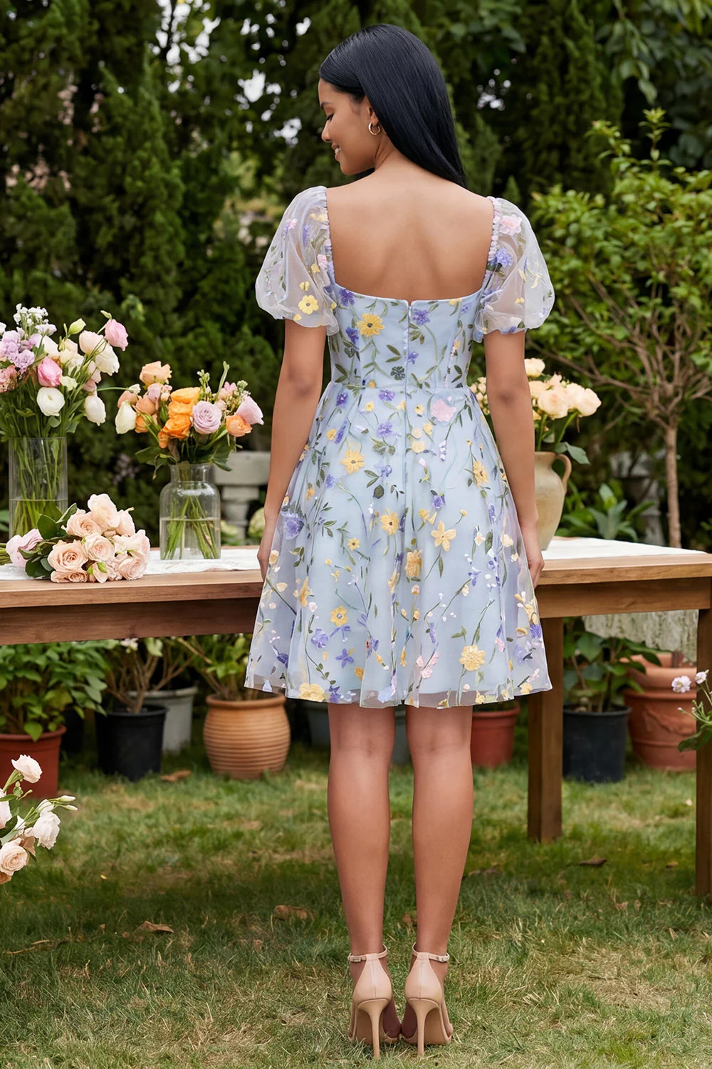 Blue Flower A-Line Square Neck Embroidered Midi Dress with Puff Sleeves - Image 2