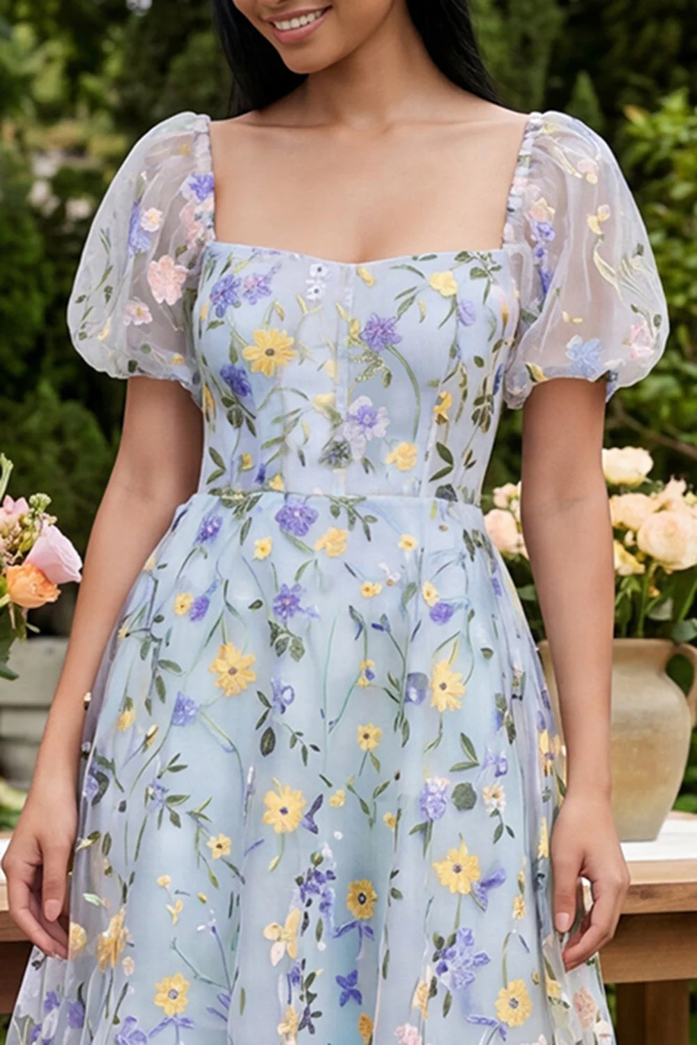 Blue Flower A-Line Square Neck Embroidered Midi Dress with Puff Sleeves - Image 3