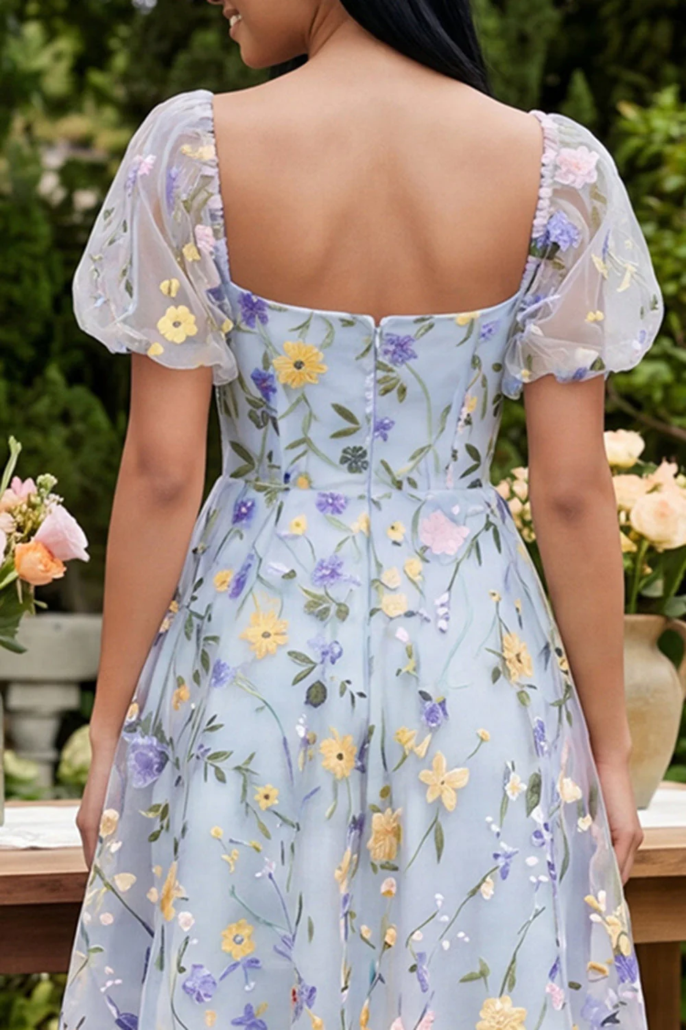 Blue Flower A-Line Square Neck Embroidered Midi Dress with Puff Sleeves - Image 4