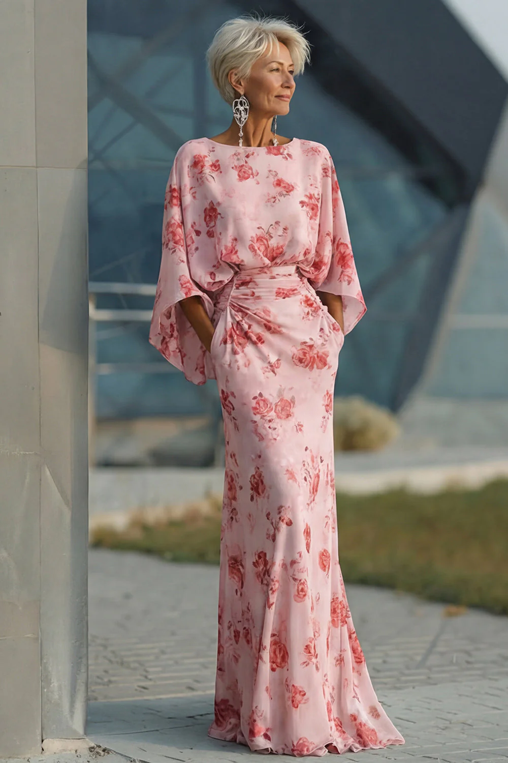 Blue Floral Bateau Neck Sheath Long Mother Of the Bride Dress with Half Sleeves - Image 10