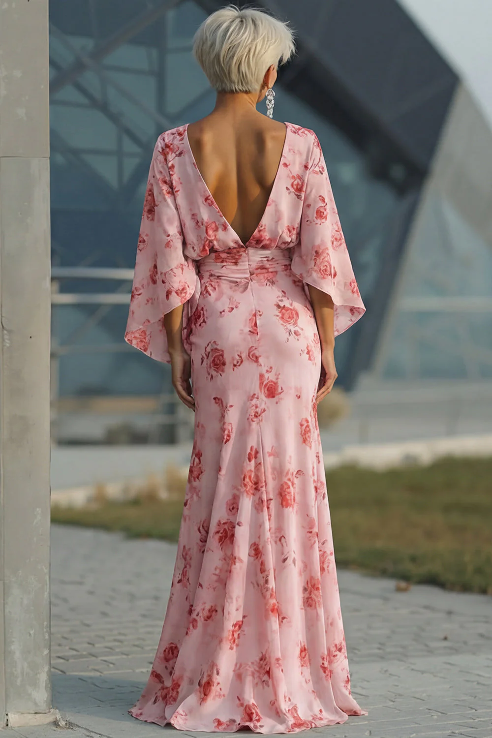 Blue Floral Bateau Neck Sheath Long Mother Of the Bride Dress with Half Sleeves - Image 11