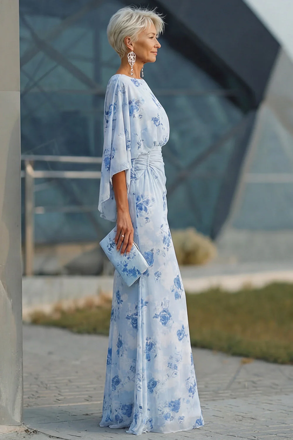 Blue Floral Bateau Neck Sheath Long Mother Of the Bride Dress with Half Sleeves - Image 3