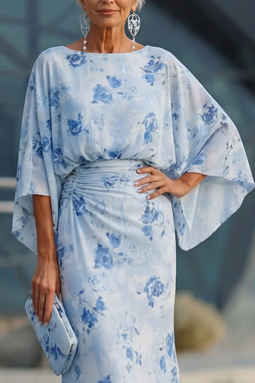 Blue Floral Bateau Neck Sheath Long Mother Of the Bride Dress with Half Sleeves - Image 4