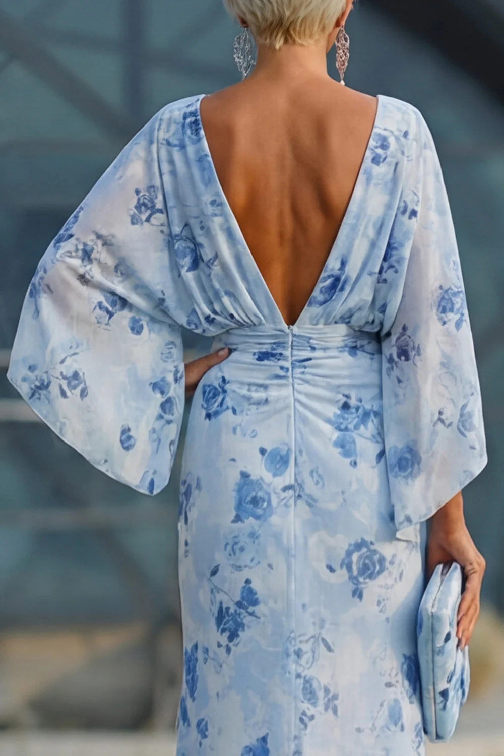 Blue Floral Bateau Neck Sheath Long Mother Of the Bride Dress with Half Sleeves - Image 5