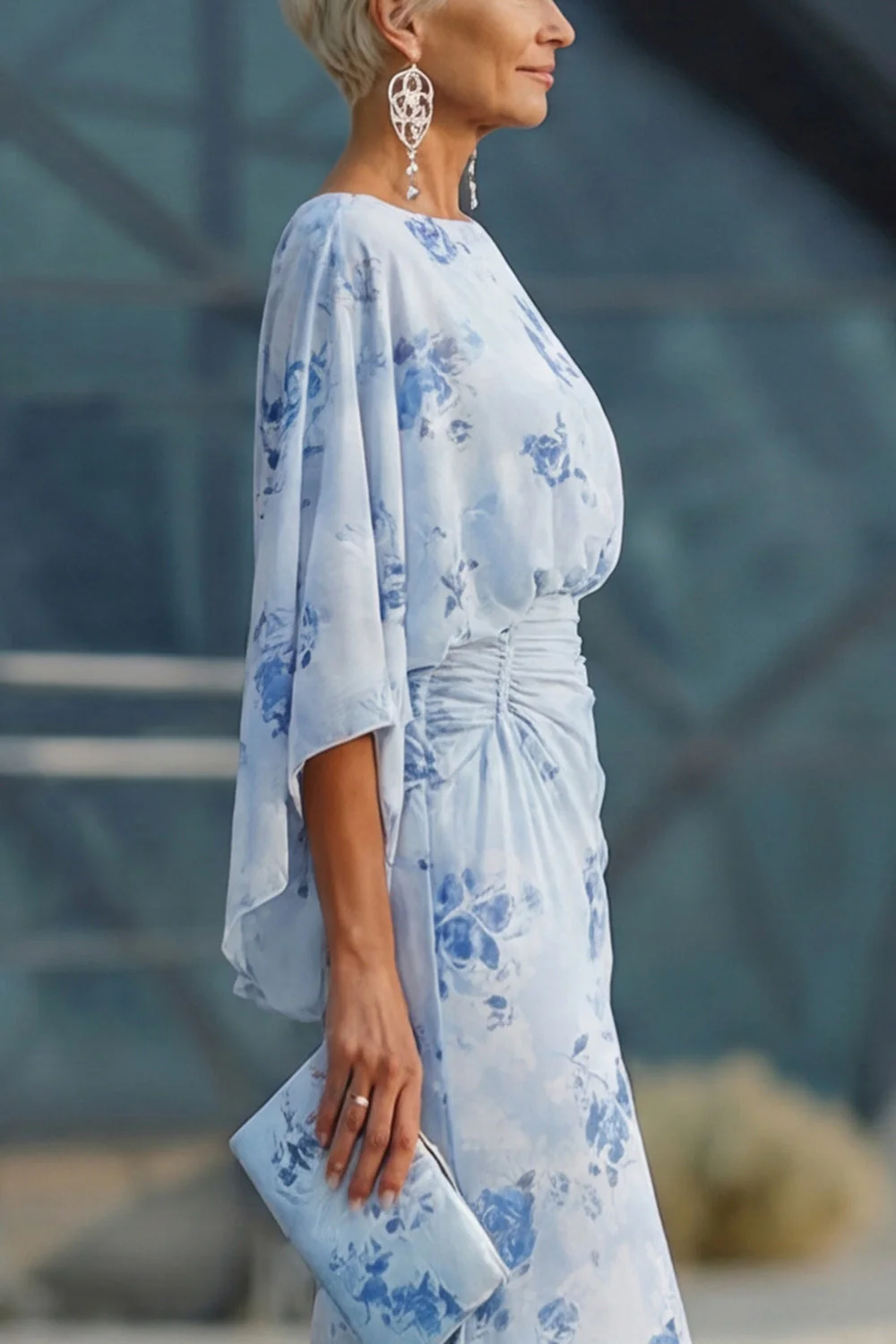 Blue Floral Bateau Neck Sheath Long Mother Of the Bride Dress with Half Sleeves - Image 6