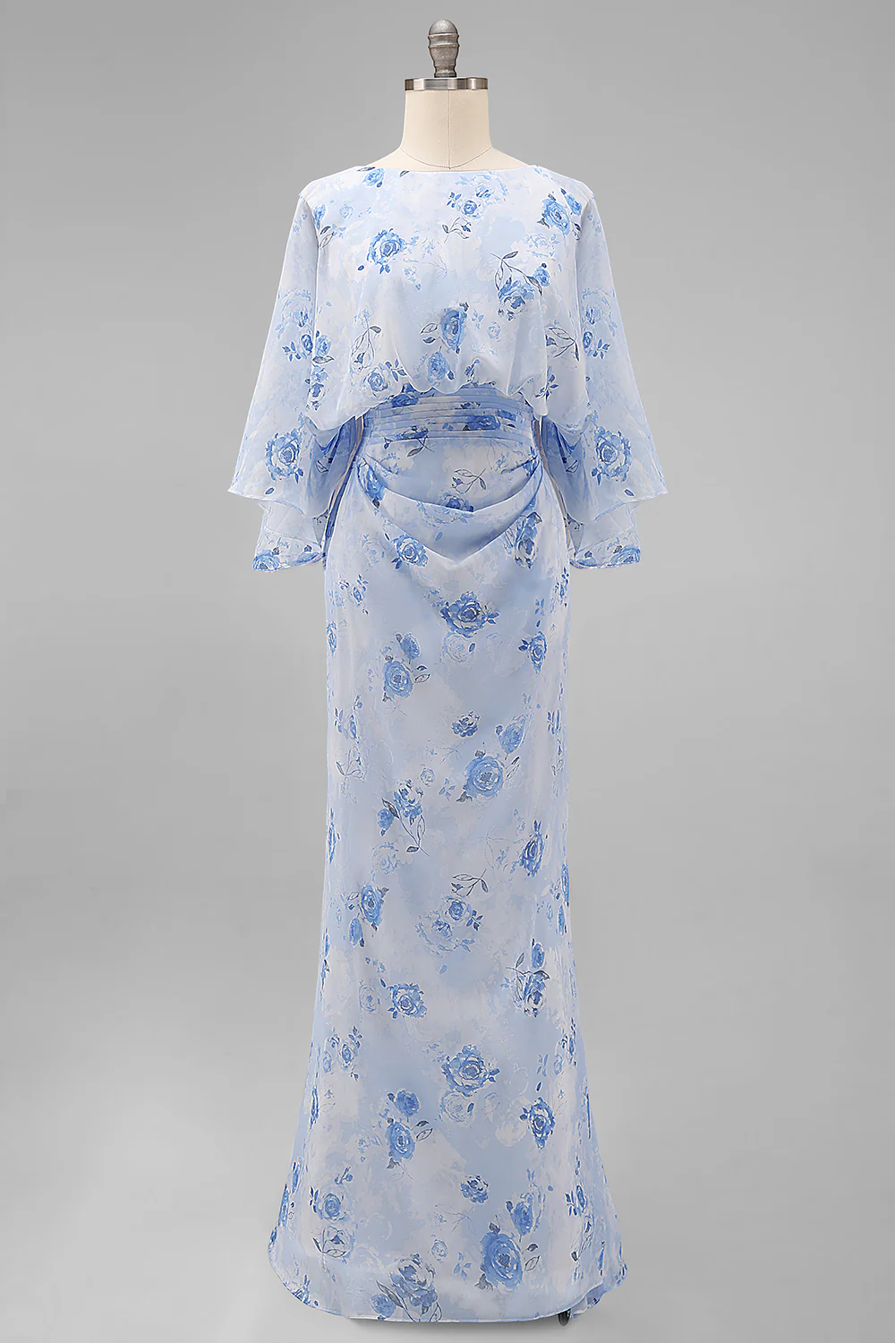 Blue Floral Bateau Neck Sheath Long Mother Of the Bride Dress with Half Sleeves - Image 7