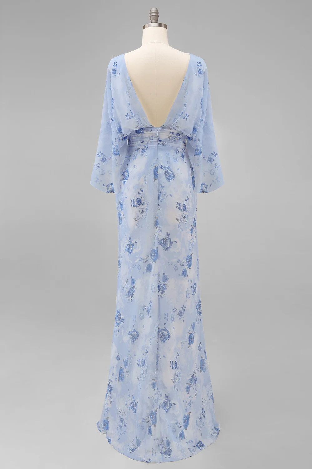 Blue Floral Bateau Neck Sheath Long Mother Of the Bride Dress with Half Sleeves - Image 8
