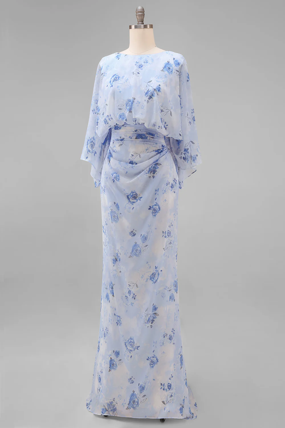 Blue Floral Bateau Neck Sheath Long Mother Of the Bride Dress with Half Sleeves - Image 9