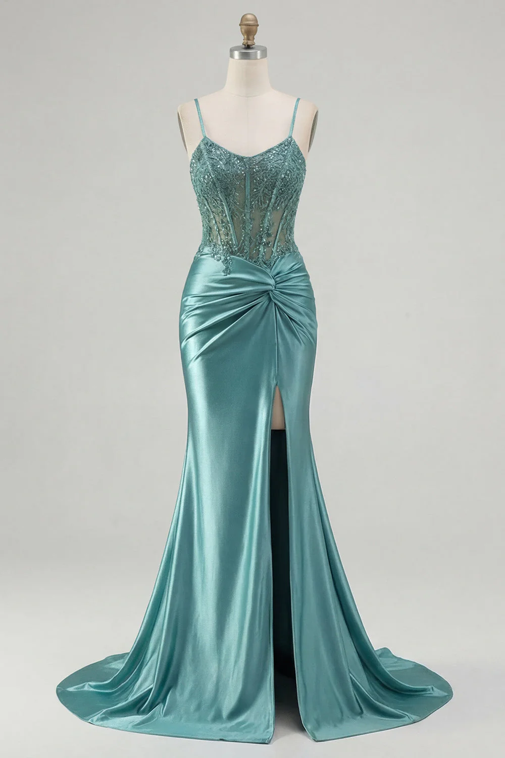 Blue Mermaid Corset Ruched Satin Long Prom Dress with Slit - Image 5