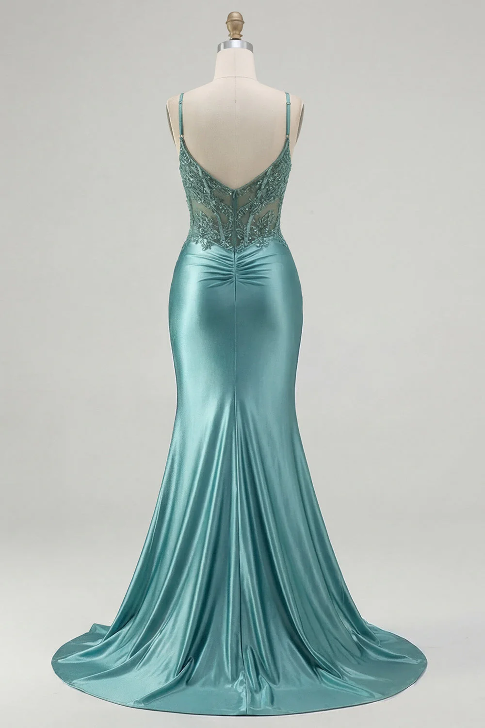 Blue Mermaid Corset Ruched Satin Long Prom Dress with Slit - Image 6