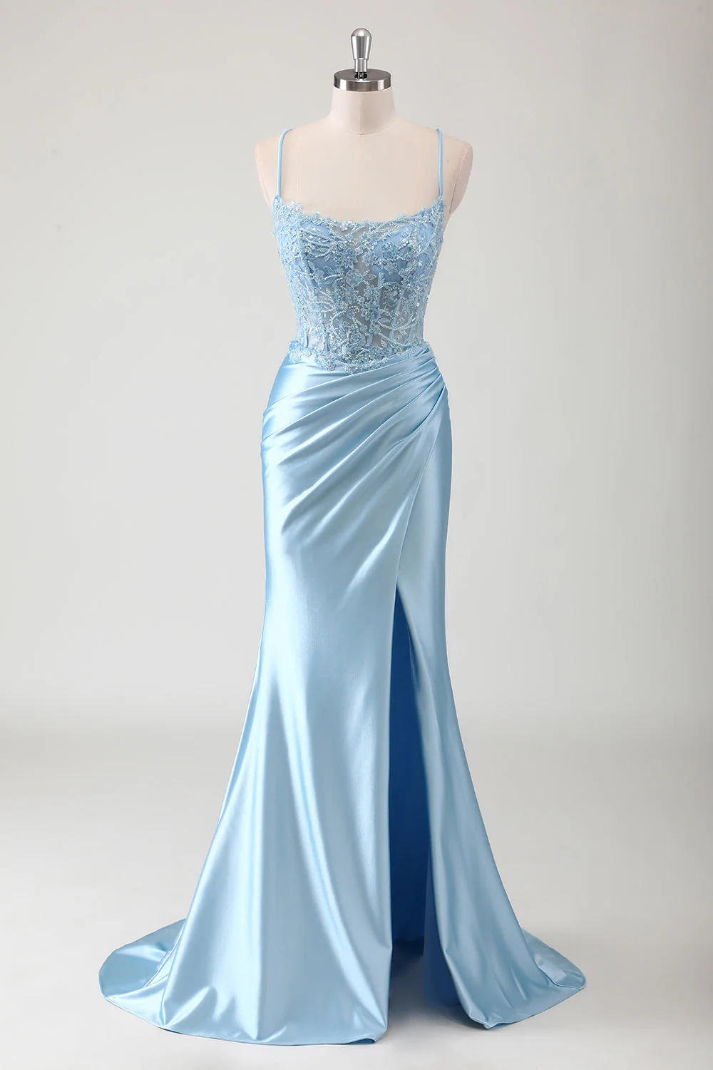 Blue Mermaid Spaghetti Straps Appliqued Long Prom Dress with Slit - Image 3