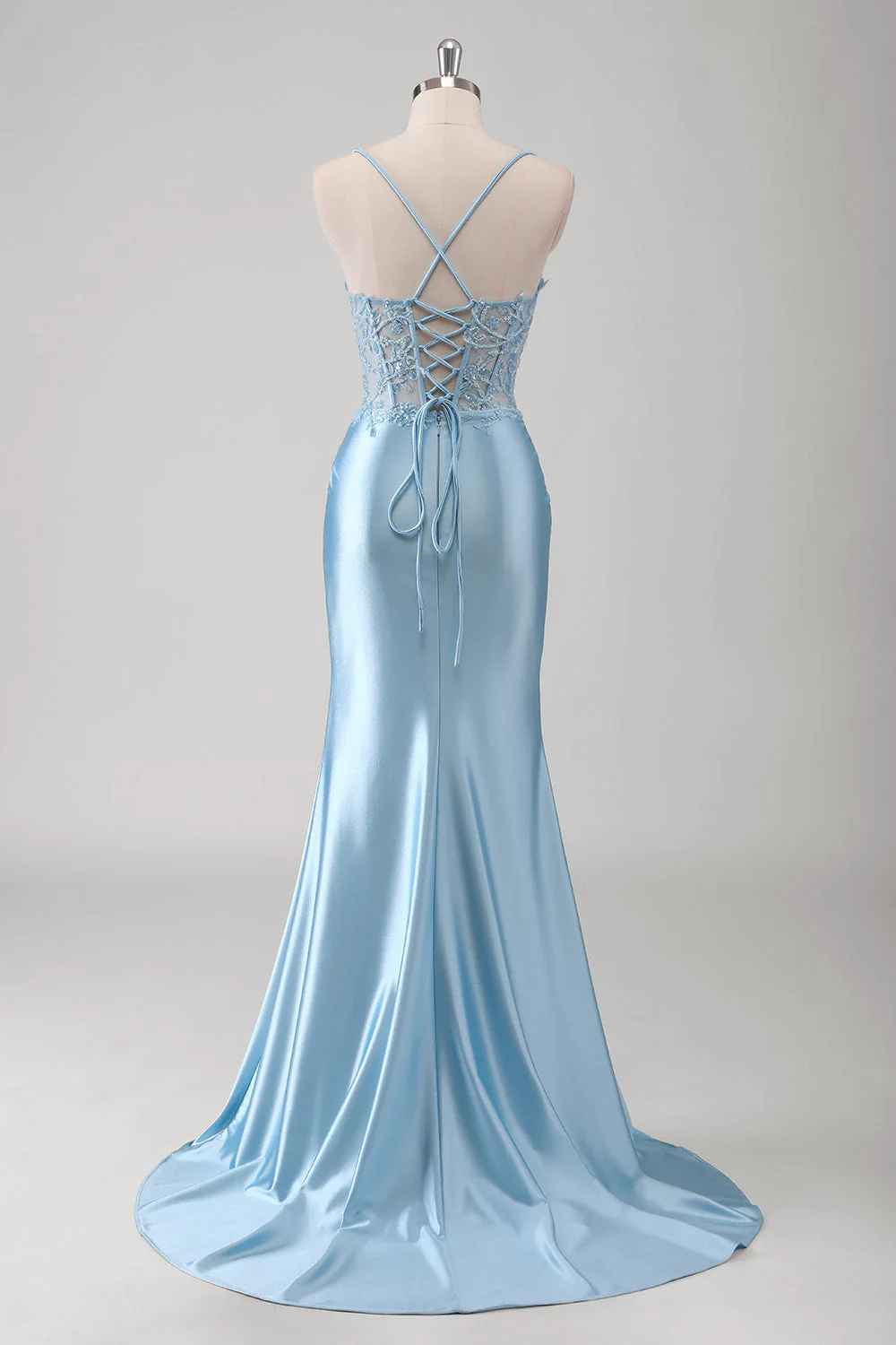 Blue Mermaid Spaghetti Straps Appliqued Long Prom Dress with Slit - Image 4