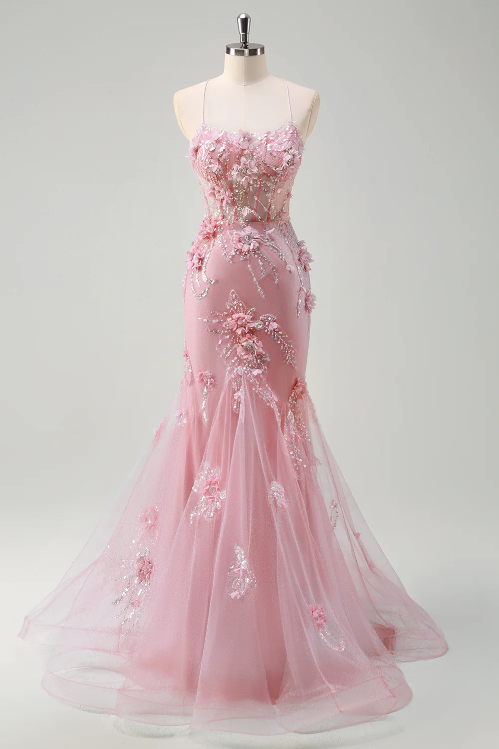 Blue Mermaid Spaghetti Straps Tulle Long Corset Prom Dress with 3D Flowers - Image 10