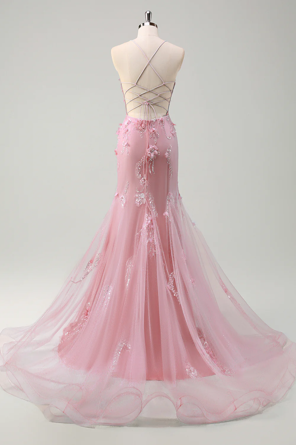Blue Mermaid Spaghetti Straps Tulle Long Corset Prom Dress with 3D Flowers - Image 11