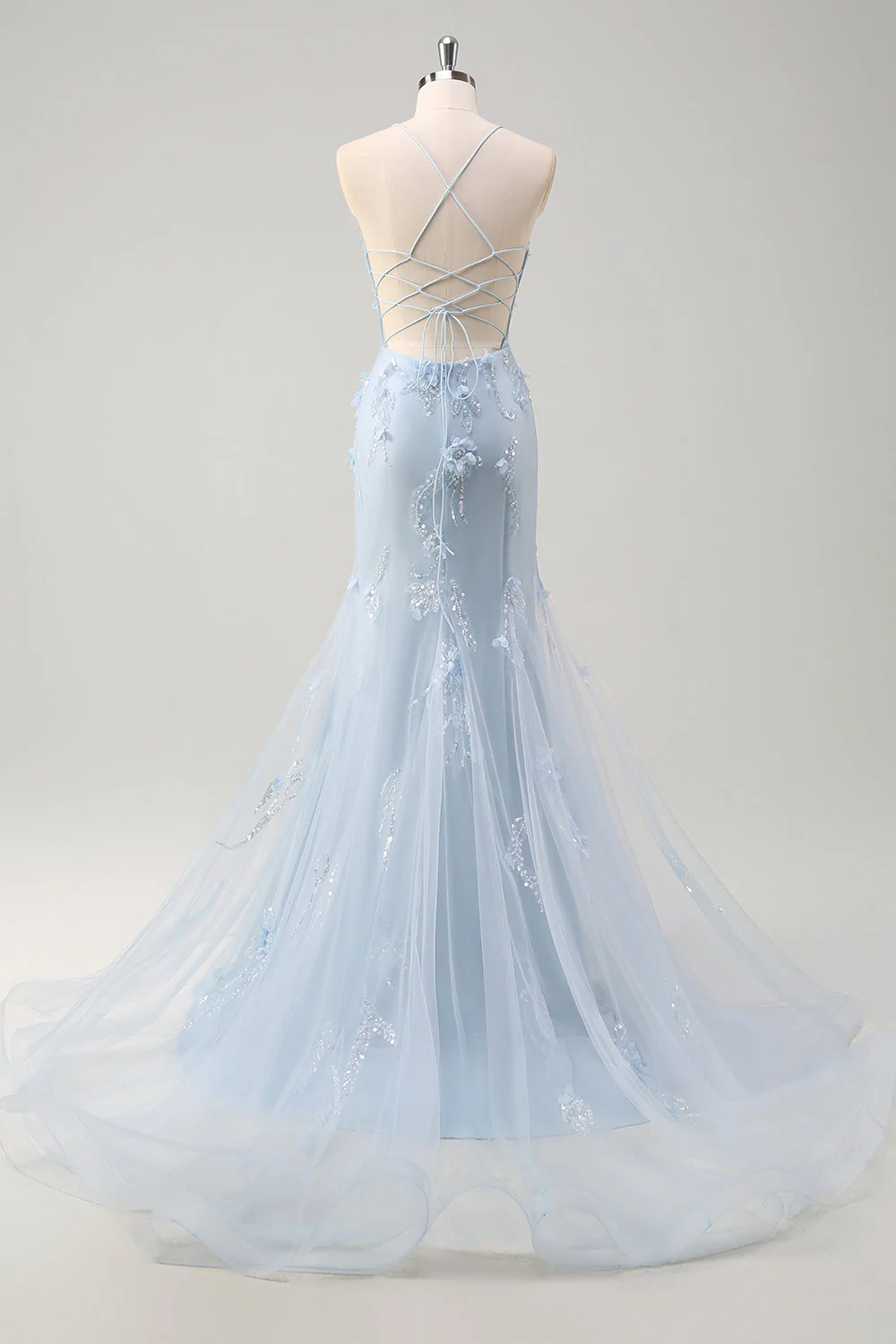 Blue Mermaid Spaghetti Straps Tulle Long Corset Prom Dress with 3D Flowers - Image 2