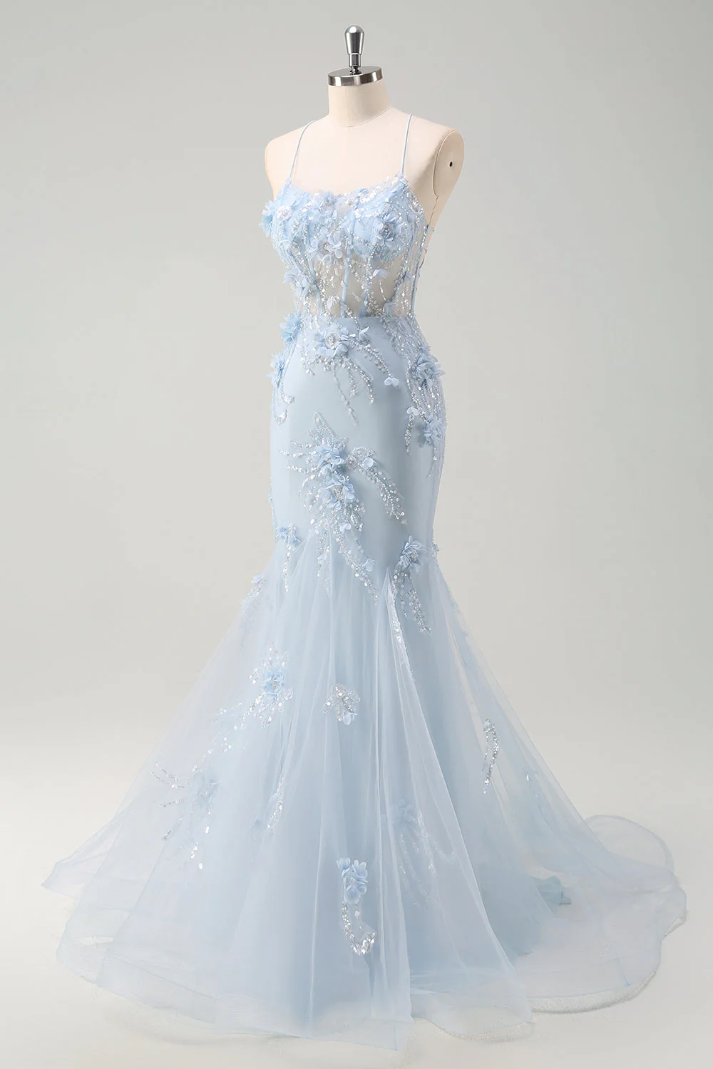 Blue Mermaid Spaghetti Straps Tulle Long Corset Prom Dress with 3D Flowers - Image 3