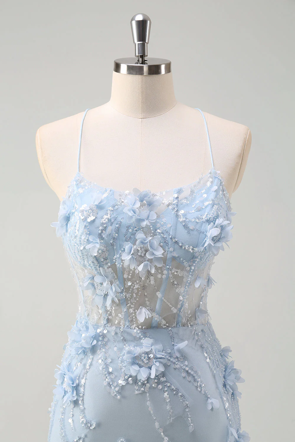 Blue Mermaid Spaghetti Straps Tulle Long Corset Prom Dress with 3D Flowers - Image 4