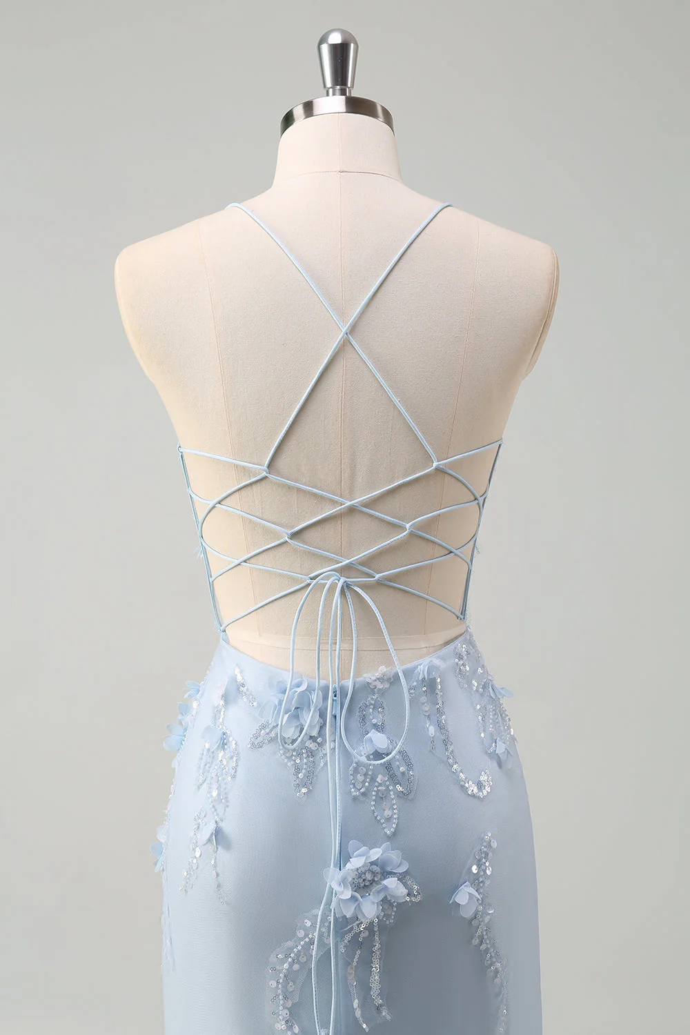 Blue Mermaid Spaghetti Straps Tulle Long Corset Prom Dress with 3D Flowers - Image 5