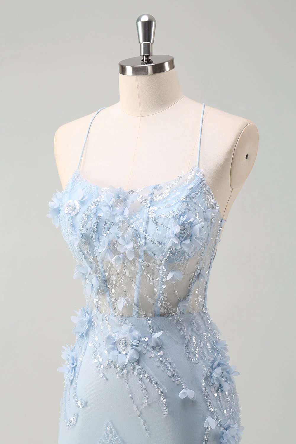 Blue Mermaid Spaghetti Straps Tulle Long Corset Prom Dress with 3D Flowers - Image 6