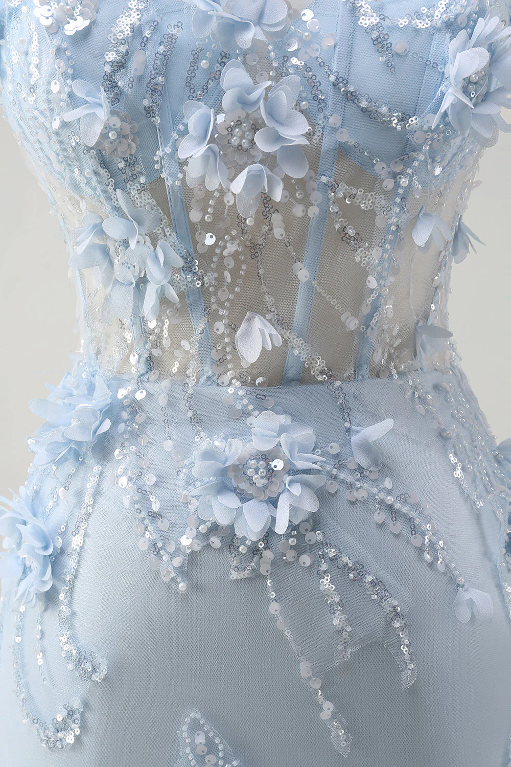 Blue Mermaid Spaghetti Straps Tulle Long Corset Prom Dress with 3D Flowers - Image 7